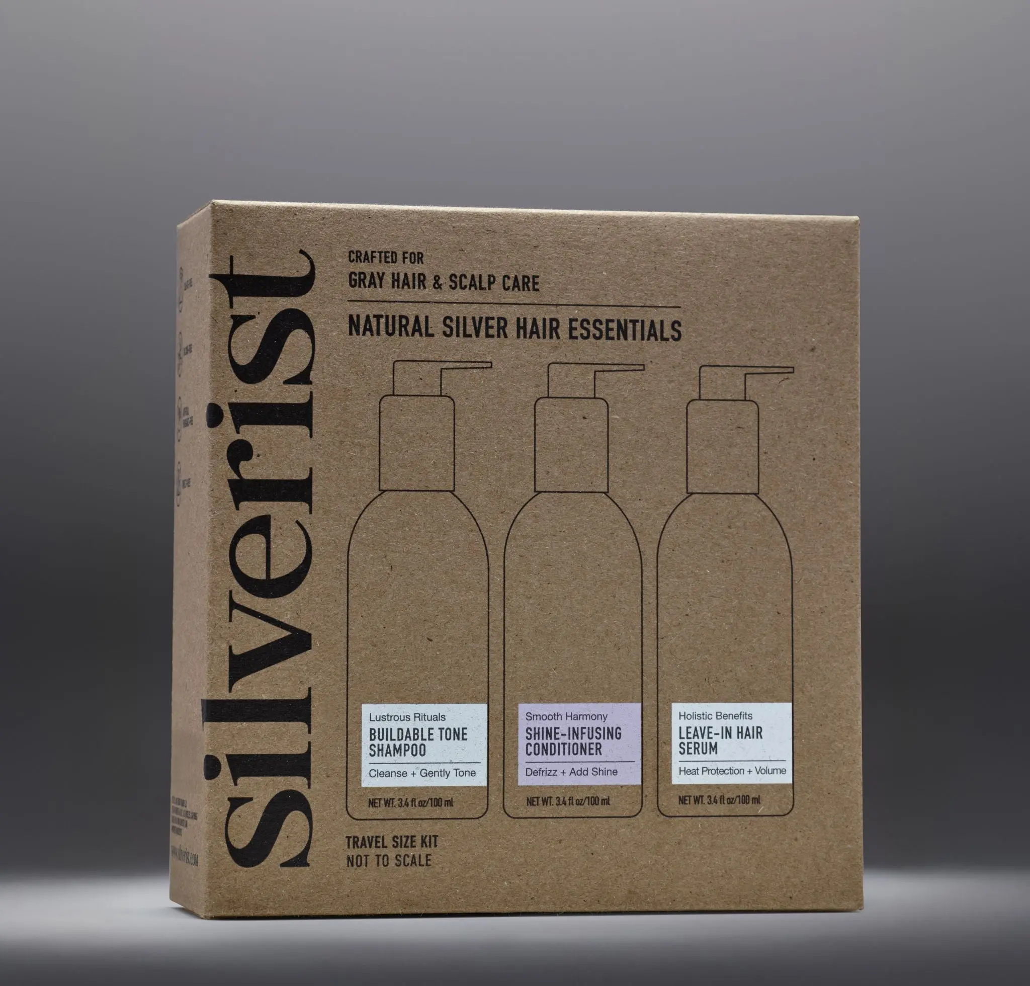 Silverist Travel Kit. Natural Silver Hair Essentials Travel Size Kit For Natural Gray, Silver, White Hair. Tone, Condition, and Protect. Sulfate-Free. Silicone-Free.