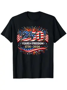 Mens 1776 2026 250 Years of Freedom US Patriotic Eagle Print Short Sleeve Crew Neck T Shirt plus Size NONE