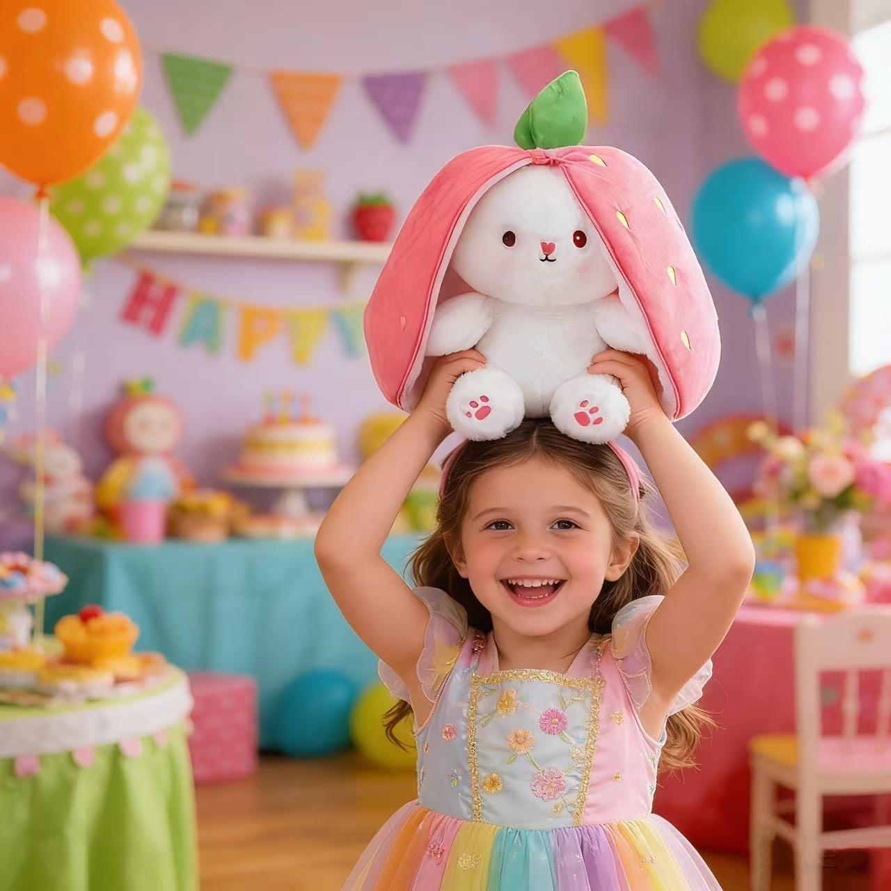 Cute Strawberry Bunny Plush Toy Soft Kawaii Stuffed Animal Gift for Kids Girls Hug Pillow Bed Decoration Birthday Present Furry Friends Plush Doll Animal Gift for Kids Girls Hug Pillow Bed Decoration Birthday Present Furry Friends Plush Stuffed Animal