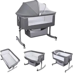 3in1 Bedside Crib for Girl or Boy, Bedside Sleeper for Baby Portable and Adjustable Crib with Mosquito net for Newborn Baby