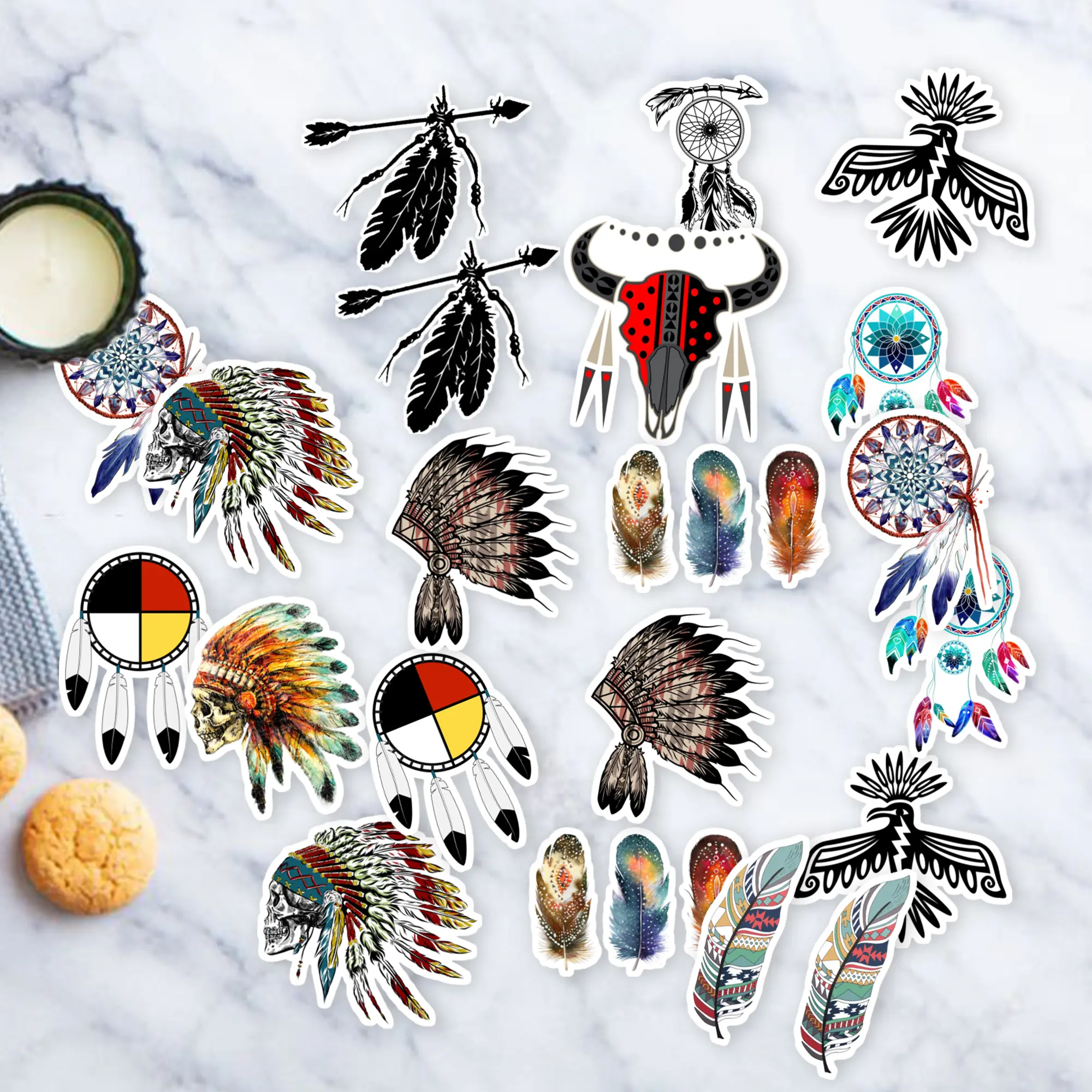 Stickers 20 Pcs per Pack Native Colorful American Waterproof Indian Vinyl Feathers Aesthetic