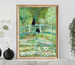 Monet's The Water Lily Pond Bridge with the Cats Poster, Cute Black Cat Print, Claude Monet Cat Wall Art, Funny Cat