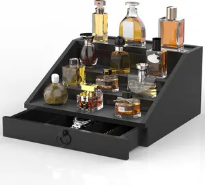Wooden Cologne Organizer for Men Enhanced 4 Tier Stand Shelf with Velvet Lined Drawer Hidden Storage Perfume Display Holder Classy Black Gift