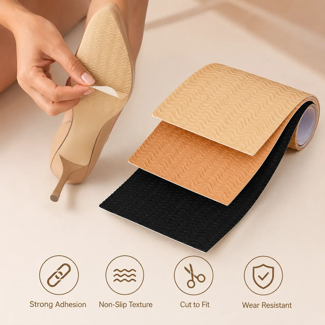 2-Count Self-Adhesive Cuttable Size Neutral Color Wavy Textured Shoe Strip, Daily Wear Sole Protector for Various Shoe Styles