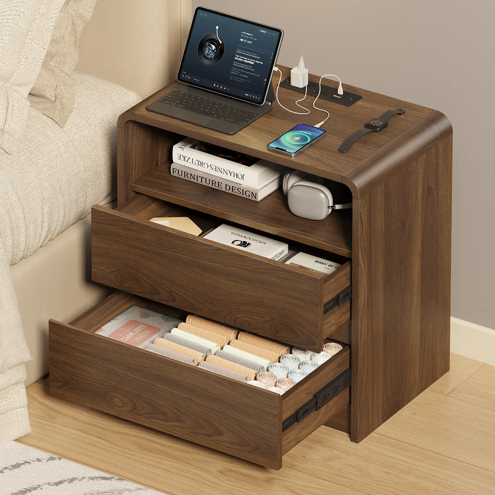 Messenya 23.6" Wide Nightstand with Charging Station | Curved Safety Corners | Modern Mid-Century Bedside Table for Bedroom & Office