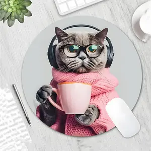 Cute Cat Pattern Mouse Pad, Round Mouse Pad with Non-slip Rubber Base, Decorative Mouse Mat for Gaming & Office