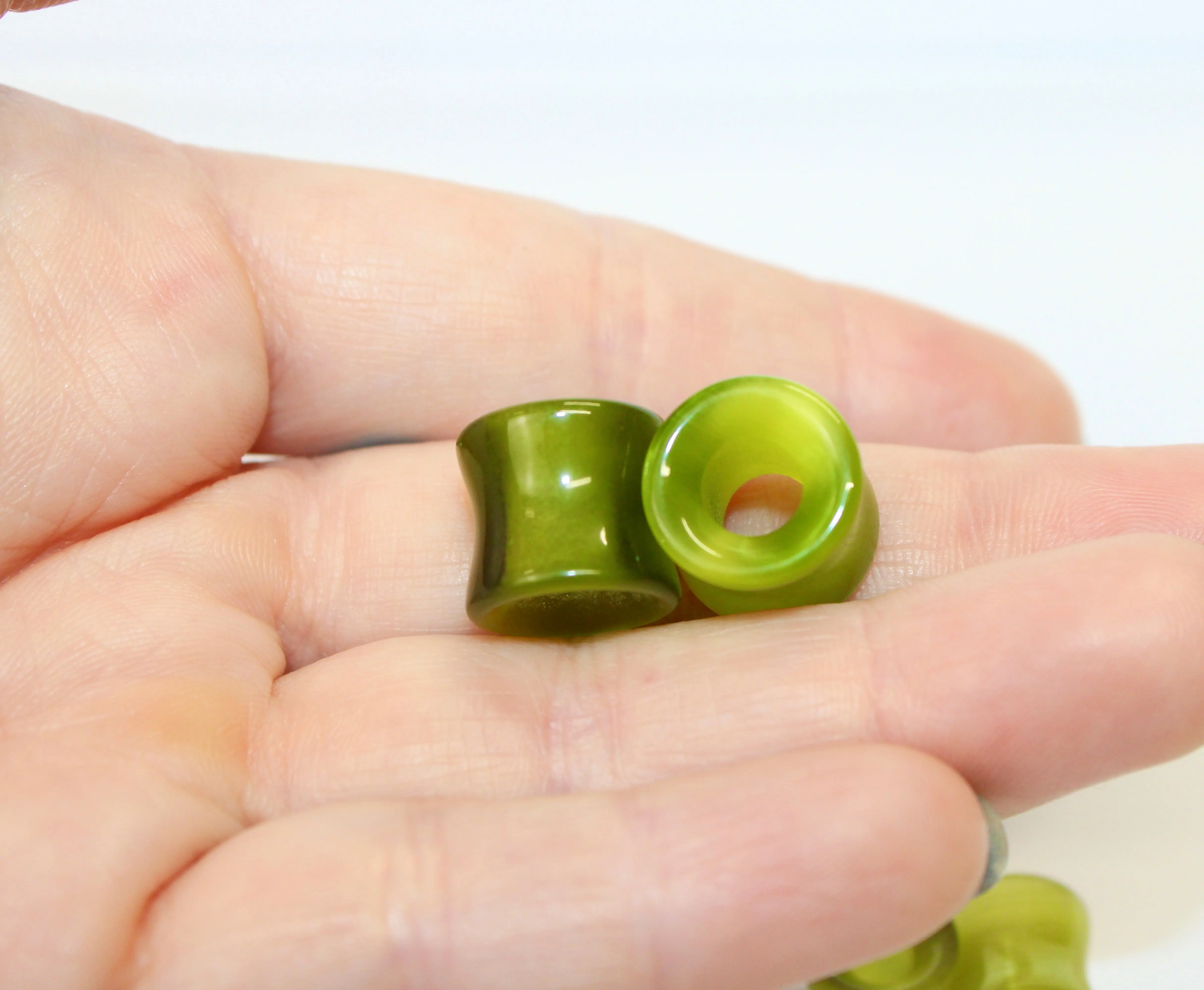 Olive Green Cat Eye Glass Design Double Flare Lightweight Body Jewelry Tunnel Plugs, Polished Surface Tunnel Rings
