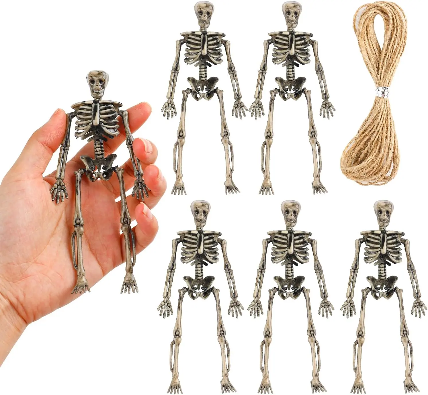 6-Pack 6-Inch Synthetic Horror Miniature Skeletons - 5.9x2.6 Inch Poseable Figurines with 360 Rotation & 5m Jute Rope, Crafts Hand Ornaments, Halloween Decorations, Holiday, 15 X 6.5 Cm