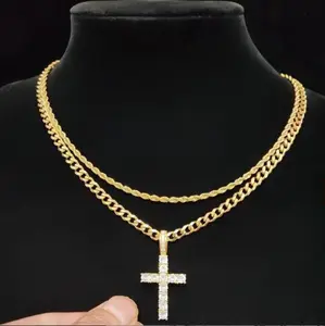 Unisex Cuban Style Cross Necklace Set 2025 Men Women Fashion Daily Wear Accessories Combination