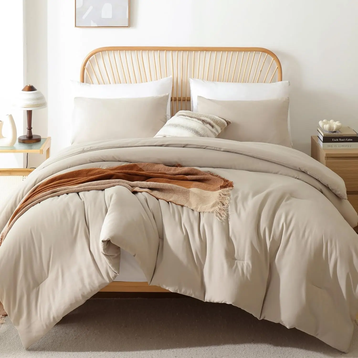 Oversized King Comforter Light Khaki, 3pcs (1 Boho Comforter  2 Pillowcases) Lightweight Oversized King Size Comforter Sets