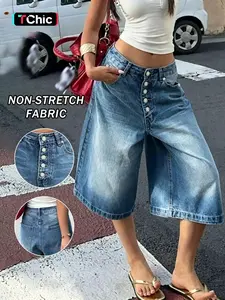 Women's Trendy Denim Capri Jeans, Loose-Fit Button Fly, Mid Waist, Casual Street Style, Comfortable Washed Fabric, Classic Bermuda Shorts