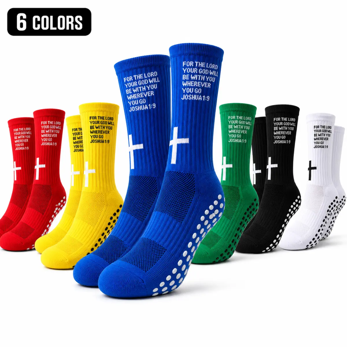 Christian Non-Slip Soccer Socks, 6 Solid Color Options, Terry Cushioned Grip Football Crew Socks with Cross & Bible Verse, Breathable Anti-Skid Athletic Sports Socks for Men & Women, Training, Running, Basketball & Outdoor Activities Crewsocks Grip Soccer