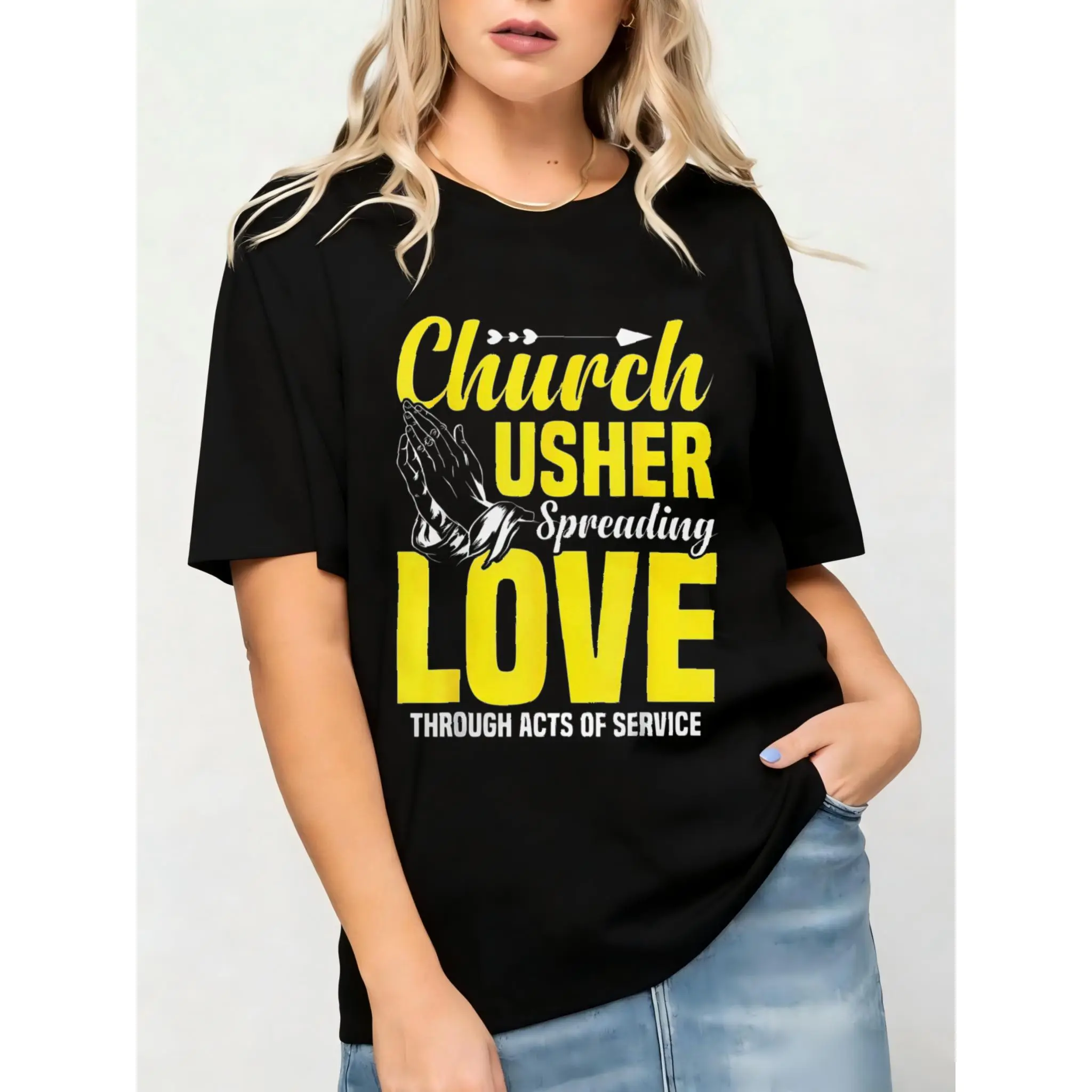 Women's Fitted Graphic T-shirt with Round Neck, Short Sleeve Black Usher Apparel for Church Events, Easter, and Thanksgiving, Shortsleeve, Tshirt