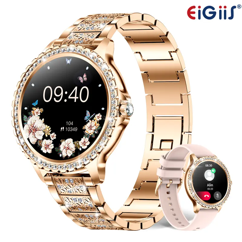 EIGIIS Women's Elegant Rhinestone Round Wearable Wristwatch (i58), 1.32'' HD Touchscreen, Wireless Charging, IP67 Rated Water-Resistant, Call Function, Heart Rate & Sleep Tracking, Music Player, Sports Mode, iOS/Android Compatible, Gift for Women