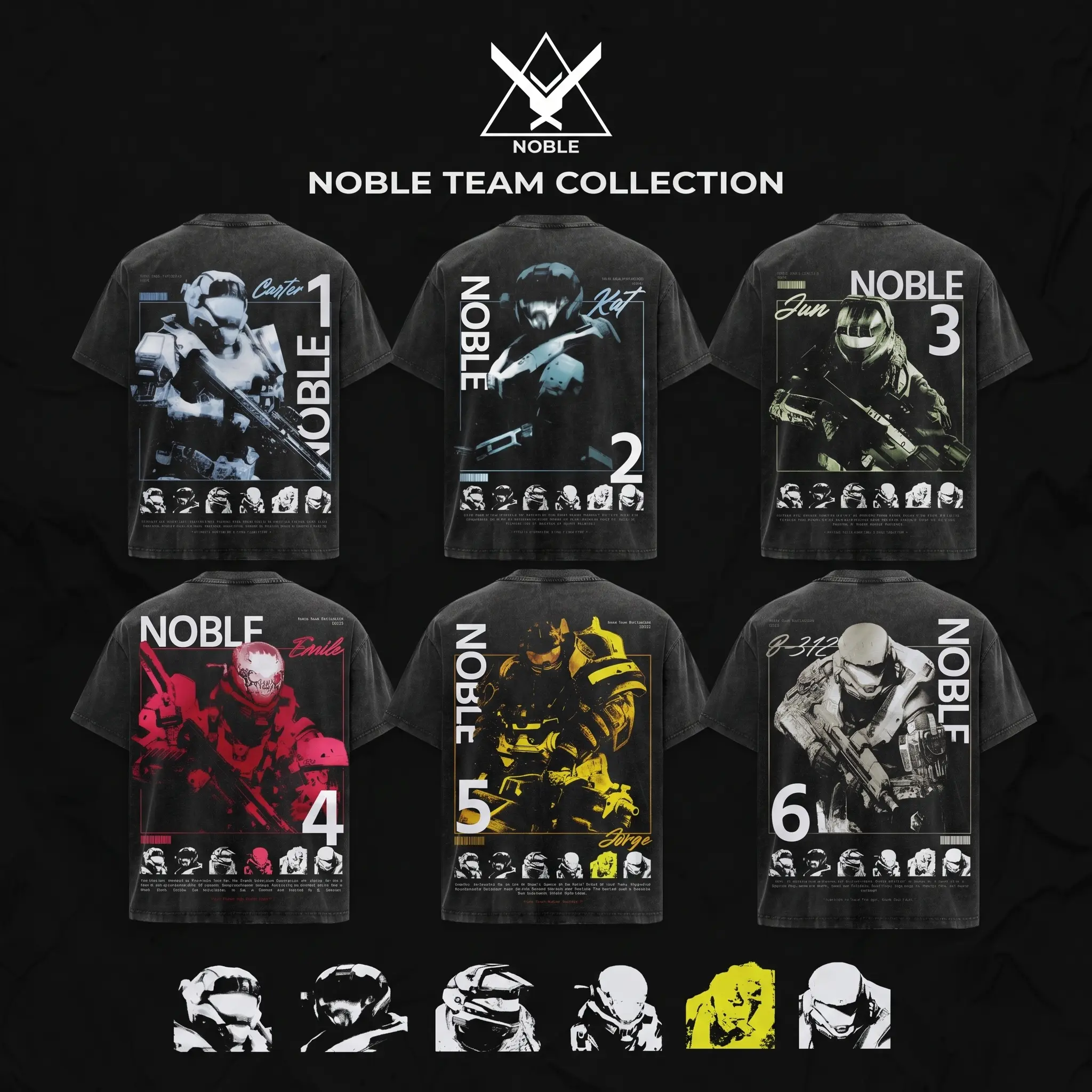 Halo Reach Noble Team Collection T-Shirt, Carter Kat Jun Emile Jorge B312 Spartan Graphic Tee, Vintage Black Wash Heavyweight Cotton, Oversized Drop Shoulder Streetwear, Sci-Fi Video Game Gaming Fan Apparel