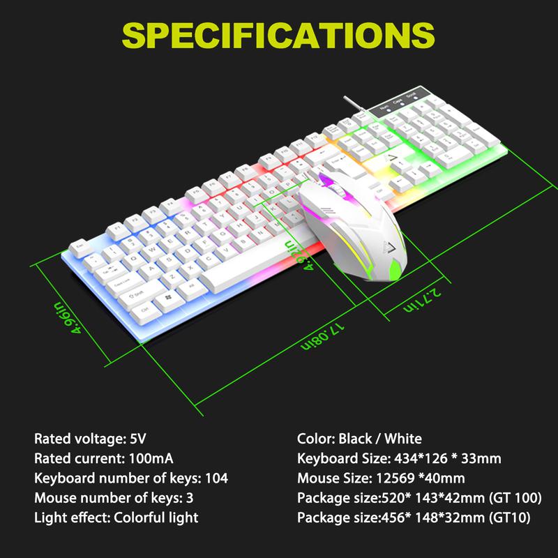 USB Wired Gaming Keyboard Mouse Combo Set RGB LED Backlit For PC / Laptop / Windows / Mac - Black & White