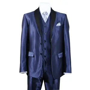Mens 2 Button Vested Slim Fit Shiny Sharkskin Tuxedo Suit in Navy Blue