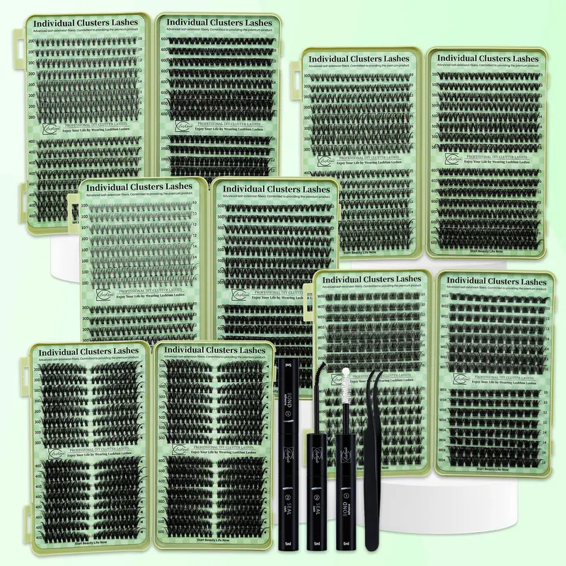 Individual Lashes Kit Mega Volume Wispy D Curl Mixed 10-16mm, 4 Styles, Easy Apply for Beginners & Pros, with Bond Seal & Applicator, PBT Material Lashes Clusters for Eyes Makeup