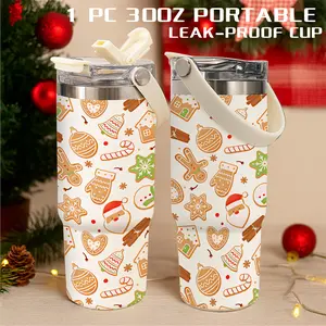 1 Pc 30 Oz Christmas Cookie Vacuum Tumbler with Handle, 2-in-1 Flip Lid, Leak-Proof, Double-Wall Insulated, Easy Carrying, Cute and Festive Style, Keeps Hot 12H/ Cold 24H, Holiday Gift for Women, Friends, Teachers, Use At Office, Home or Car.