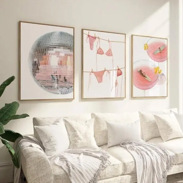 Coastal Groove Pink Set of 3 disco beach surf print, retro summer, trendy coastal aesthetic, beach, funky collage art, WALLART