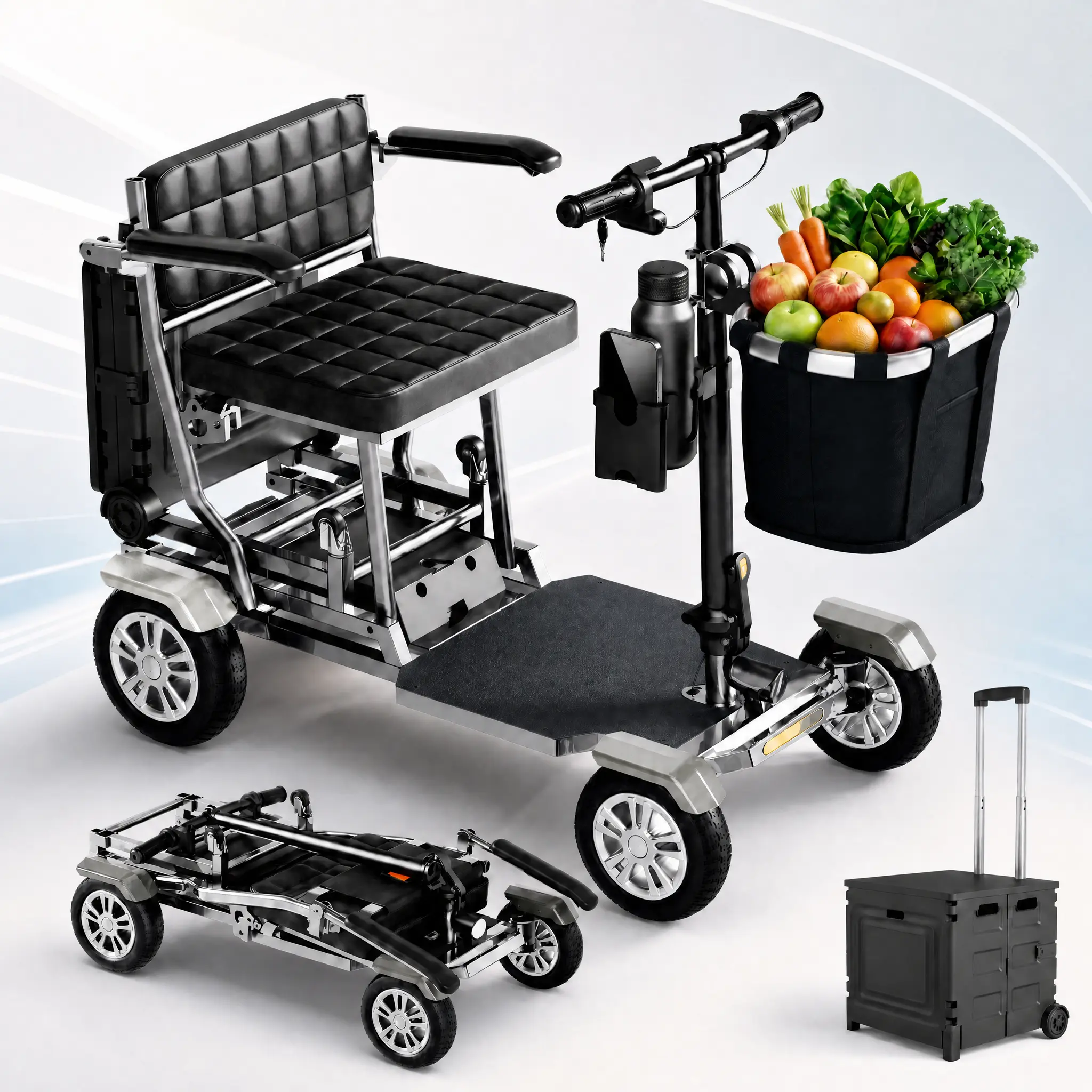 Lightweight Foldable 4-Wheel Mobility Scooter for Seniors Adults, Aluminum Frame Motorized Scooter with Storage Crate & Basket, 450W Brushless Motor, LED Lights, 25 Miles Range, 400 LBS Weight Capacity