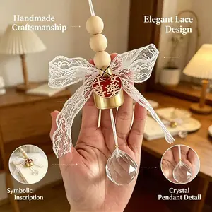 Christmas Style Crystal Wind Chime Pendant, Lace Bow Brass Bell, Holiday Decoration, New Year Gift, Festive Ornament
