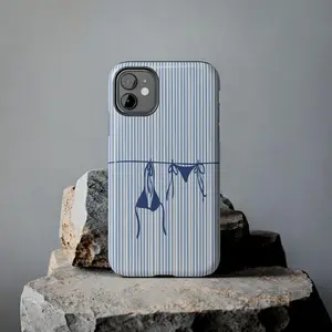 Cute Blue Striped Bikini Phone Case, Summer Vibes Premium Film 2 in 1 Phone Case - Durable, Shock Absorbing and Stylish Protection - Compatible with iPhone 16, 15, 14, 13, 12, 11, Plus, Pro, Pro Max, Perfect birthday gift for friends.