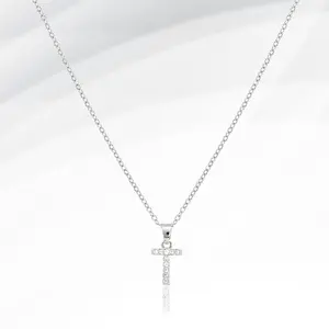 -T- Stainless Steel CZ Stone Paved Initial Monogram Pendant Necklace