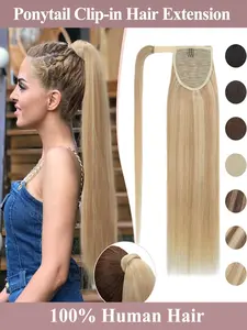 Human Hair Ponytail Extension 14"-22" Inch Clip-In Long Straight Lace Hairpiece with Multiple Wefts for Volume & Length, Silky Smooth Texture, Secure Clip Attachment, Natural-Looking Wrap Around Ponytail Easy to Use