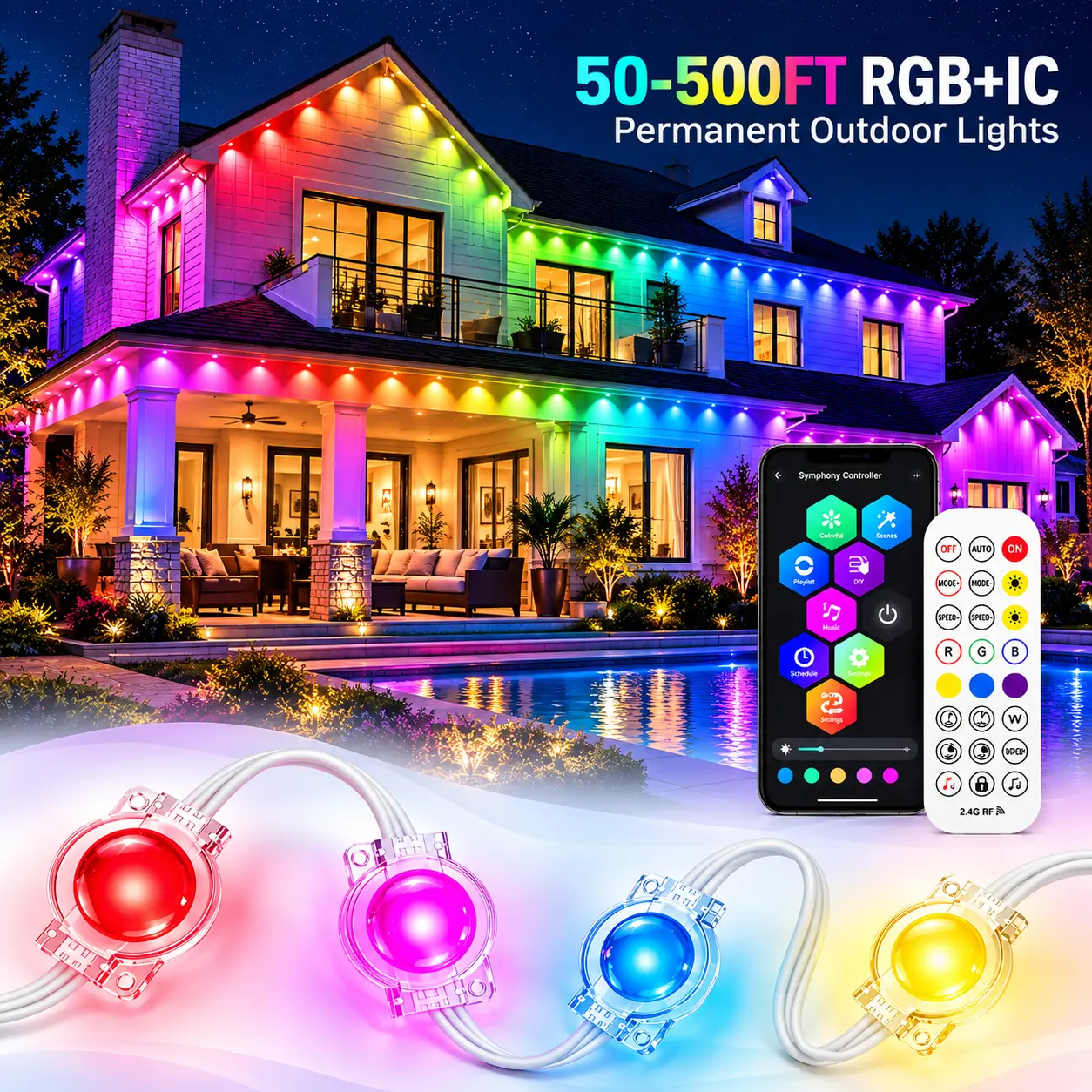 RGBIC Permanent Outdoor Lights, Smart LED Eave Lights for House, Waterproof Color Changing Roof Lights, App & Remote Control, Music Sync, 16M Colors, Christmas Halloween & Year-Round Outdoor Decor