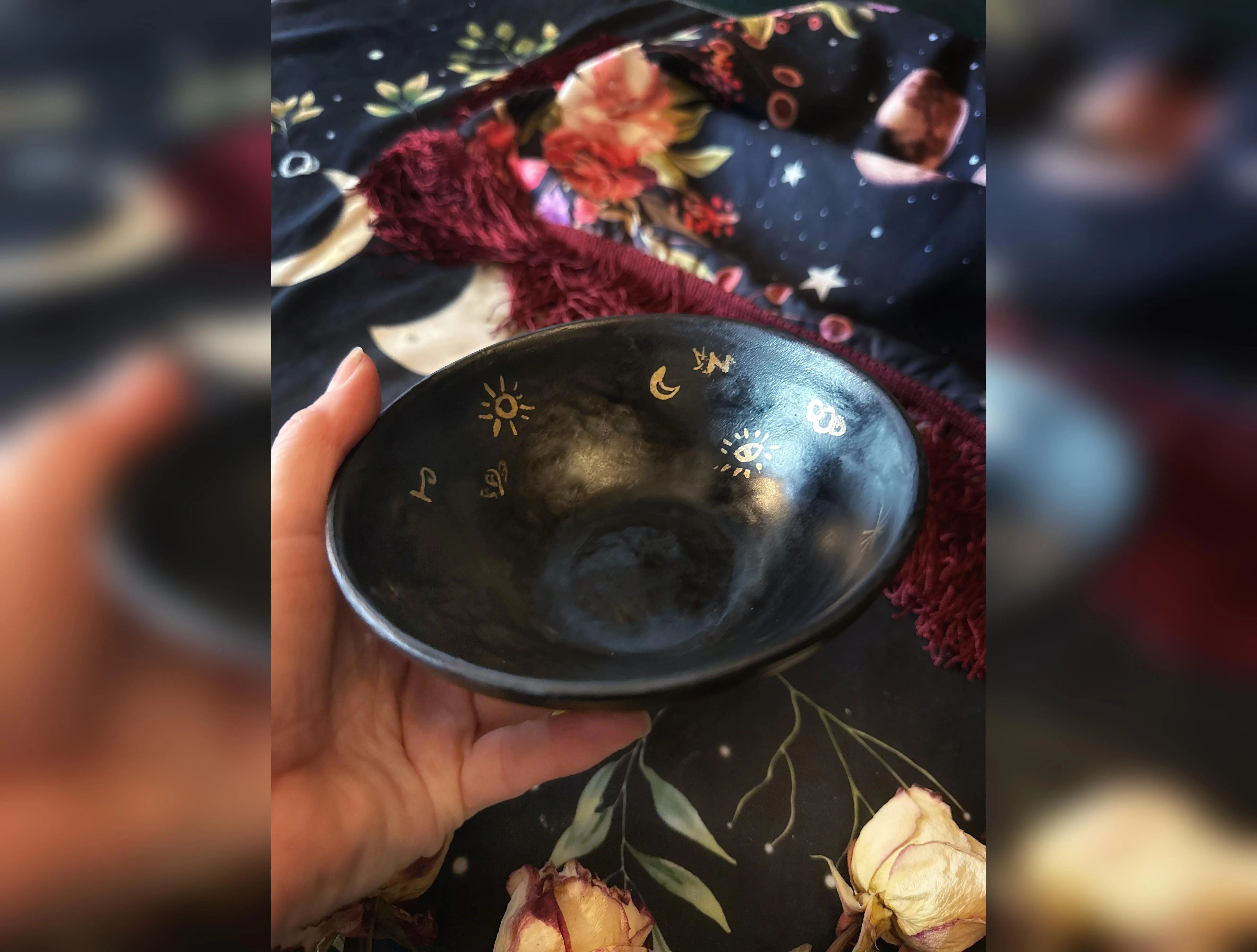 Black Bowl w/ Gold Luster Witches Runes - For Scrying or Dinnerware