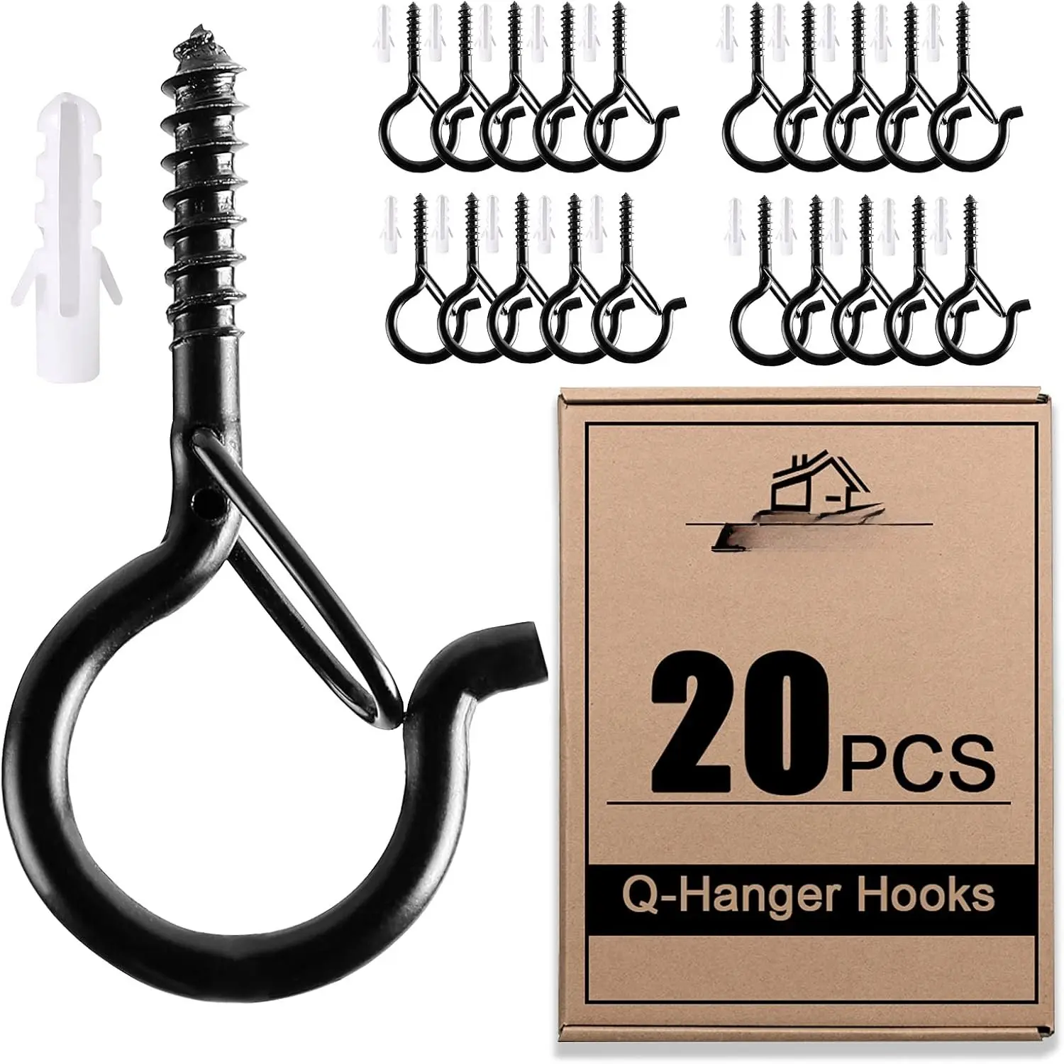 20-Count Q Hanger Hooks with Safety Buckle, Heavy Duty Windproof Ceiling Screw Hooks, Easy to Install for Outdoor String Lights, Christmas Patio Lights, 2.2 Inches, Black