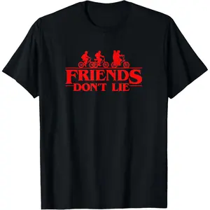 Stranger Things Group Shot Red Friends Don't Lie T-Shirt Premium Cotton Printed Crew Neck T-Shirt Trendy Athletic Style Unisex Design Holiday Gift Valentine's Day Birthday Present