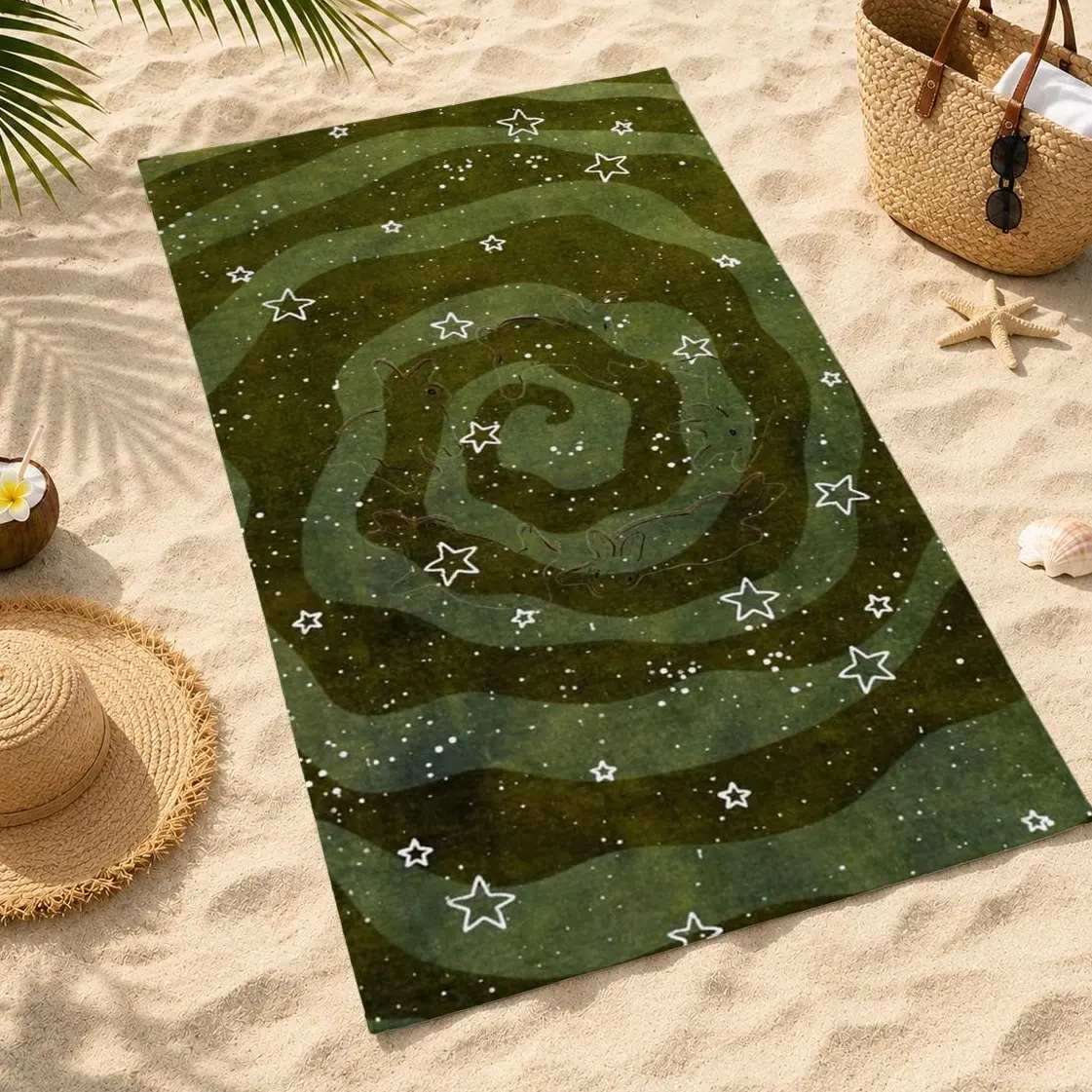 Green Star Swirl Microfiber Beach Towel & Hand Towel Set, Ultra Soft Super Absorbent Quick Dry Lightweight Sand Resistant Towels, 30x60 Inch Beach Towel & 16x24 Inch Daily Towel for Beach Pool Travel Swimming Yoga