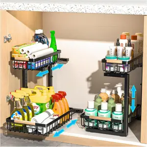 ZONGZHI 2 Pack L-Shaped Under Sink Organizer,2 Tier Adjustable Slide Out Sink Shelf Cabinet Storage Shelves, Under Sink Storage for Kitchen Bathroom Cabinet, Pull Out Cabinet Organizer,Black