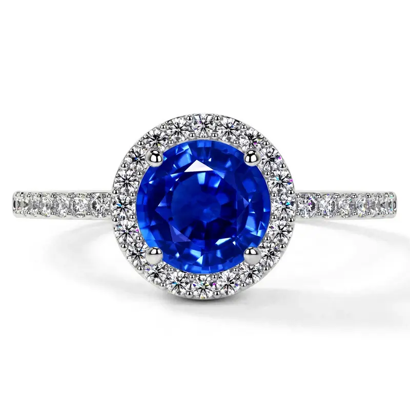 Classic Round Blue Sapphire Halo Ring with Prong Set Diamonds (1.85cttw)- RBS001-7X7-AAAA