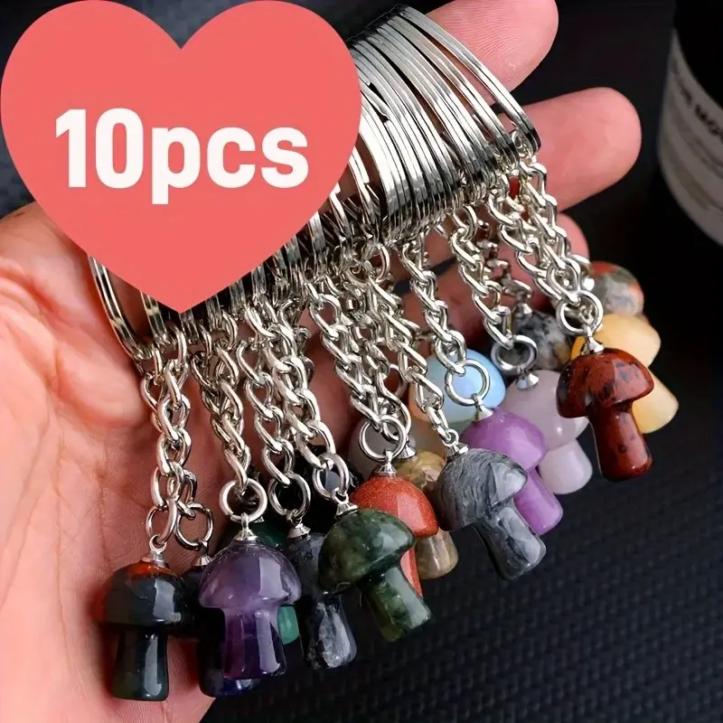 10pcs Natural Stone Mushroom Keychains, Colorful Earth Tone Charms, Durable Key Ring Chain, Plant Decor, Fashion Accessories for Women, Keychain Set