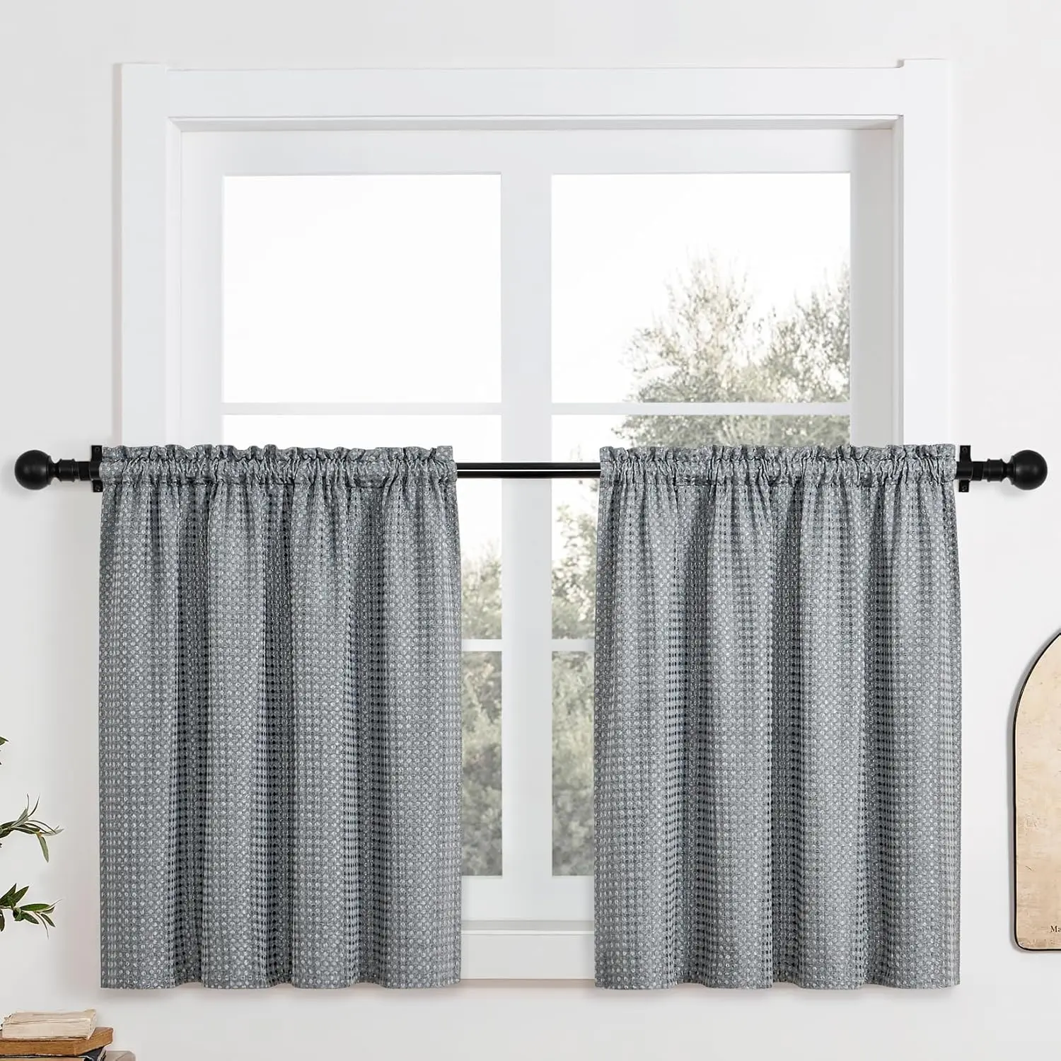 Set of 2 Low Iron Wrinkle Resistant Synthetic Durable Water Resistant Waffle Textured Half Tier Curtains, 36 W x 45 L Inches Charcoal for Bathroom, Kitchen