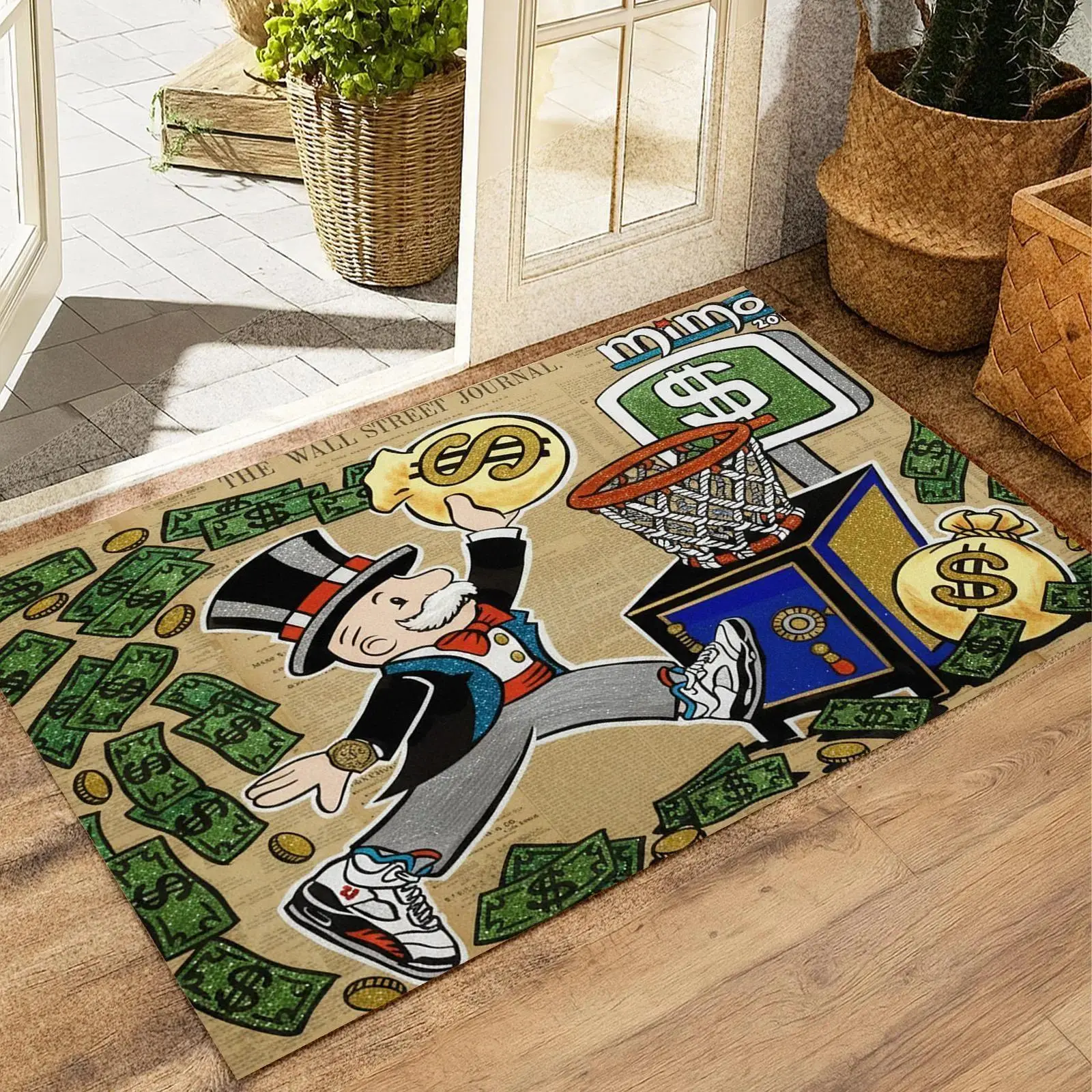 Monopoly Man Money Basketball Graphic Doormat, Trendy Pop Art Decorative Front Door Mat for Indoor Entryway Porch Housewarming Home Gift