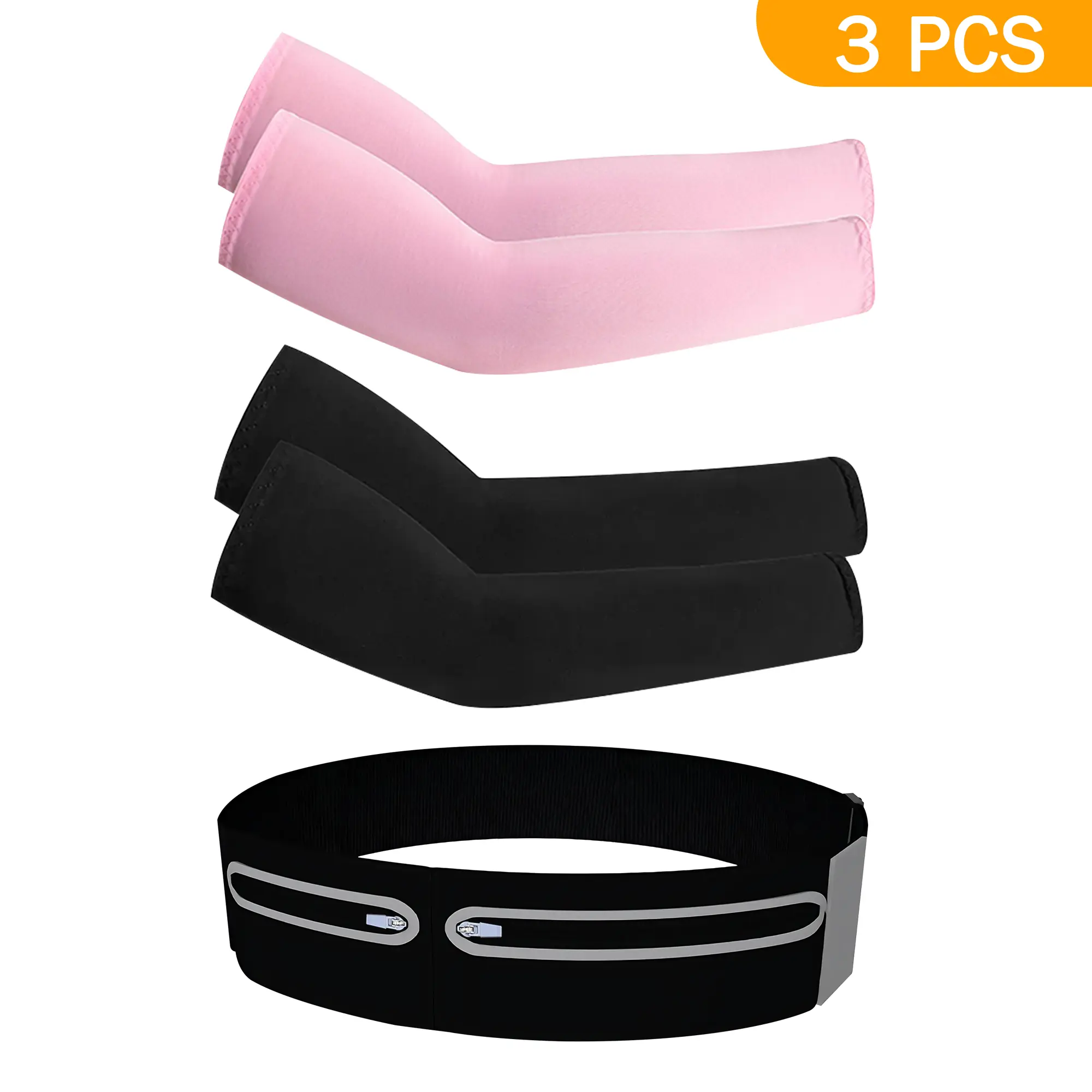 Women's 2-Piece Outdoor Protective Gear Set: Pink & Black Cooling Sleeves, Hands-Free Zipper Running Belt for Phone, Cards & Keys, Two Piece Sets