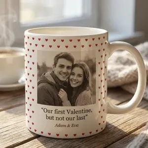 Heart Border Photo Mug, Personalized Valentine Mug with Picture and Names, Cute First Valentine Coffee Mug Gift for Couples