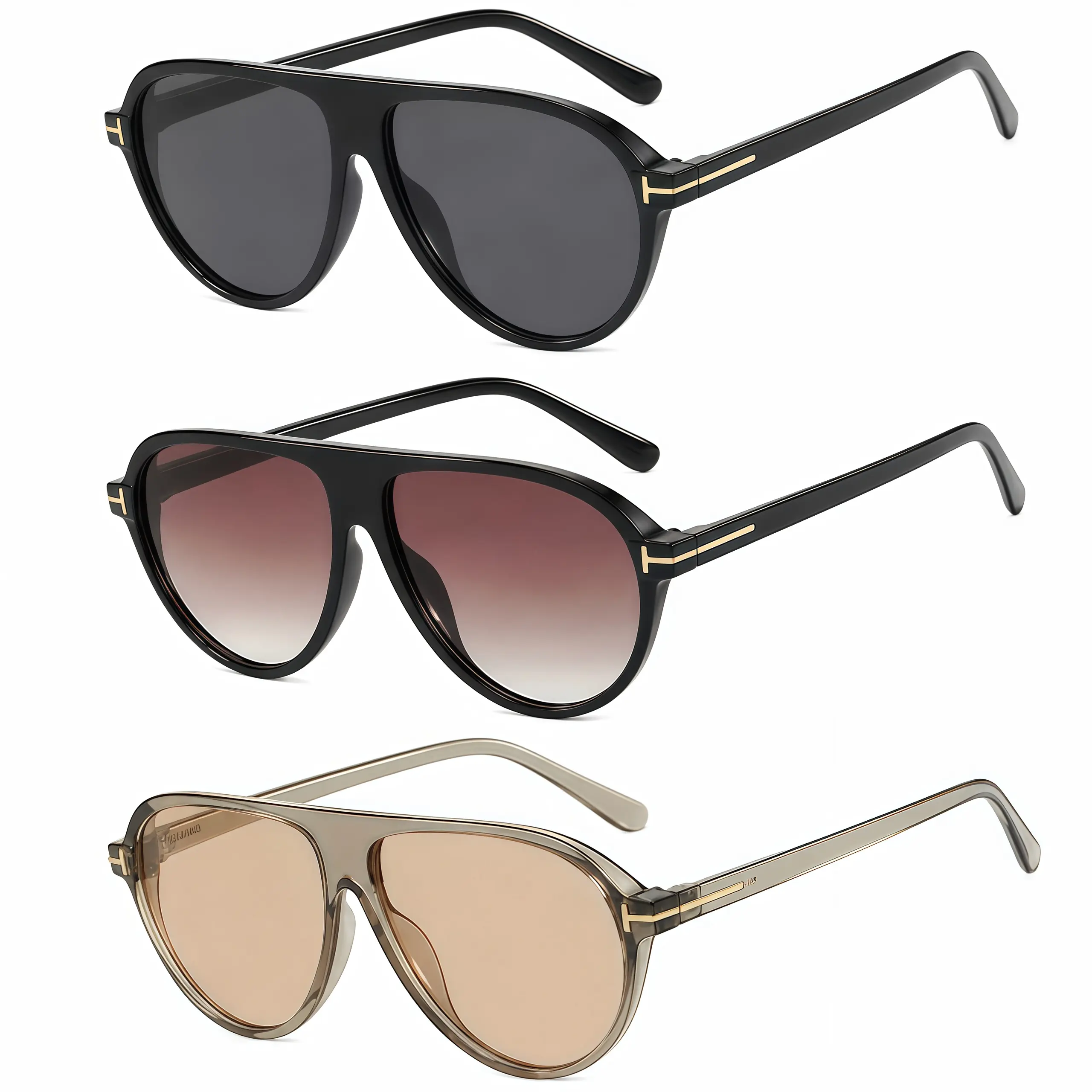 Retro Double Bridge Aviator Sunglasses 3 Pack for Women Men - Classic T-Bar Accent Square Pilot Shades with UV Protection - 3 Styles Set (Black, Gradient, Transparent Beige)