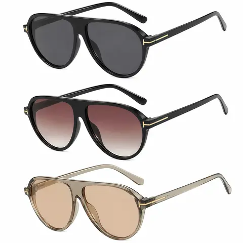 EUNOIALENS Women's Vintage Trendy Double Bridge Aviator Sunglasses 3-Pack - Classic T-Bar Accent, UV400 Eye Safety, 3 Styles (Black, Gradient, Transparent Beige) - UV Protective Glasses, Stylish Accessories