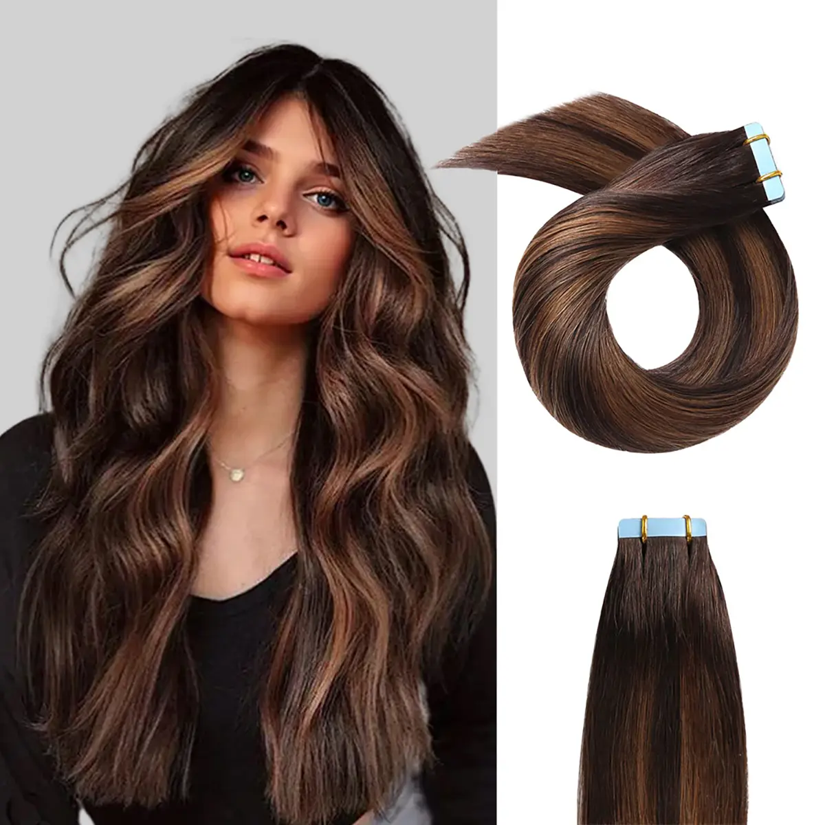 YILITEHAIR Tape-In Human Hair Extensions, Darkest Brown Balayage Remy Hair, Long Natural Straight, Reusable 24 Pcs with Double-Sided Tape, Invisible, Easy to Maintain, No One Will Be Able to Tell