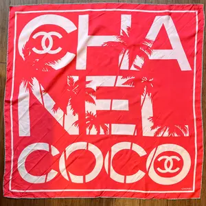 Pre-owned CHANEL Logo Palm Tree Multicolor Silk Print Scarf