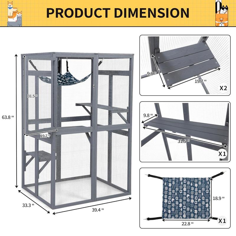 COZIWOW Outdoor Wooden Cat House Enclosure with Window, 3 Spacious Platforms, Weatherproof Wood, 39.4 x 33.3 x 63.8 Inches