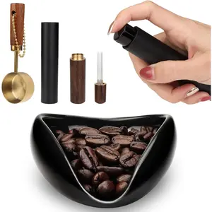 4 count Coffee Bean Dosing Cup,  Bottle, Spoon and Stirrer Tool Set, Coffee Bar Accessories Ceramic Espresso Dosing Funnel  Bottle for Reducing Coffee Static, Coffee Lover  (Black)