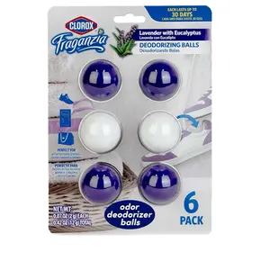 Fraganzia Deodorizing Balls, Lavender with Eucalyptus Scent - Battery Free Air Refresher, Odor Eliminators for Shoes, Gym Bag, Closet, Locker, Hamper, and Drawer Odor Deodorizers, 6 Count