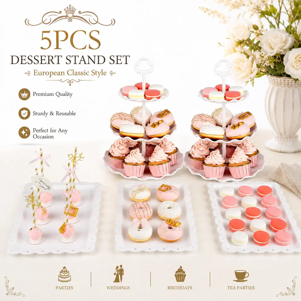 5 Pcs Plastic Dessert Table Display Set - 2-Tier Cupcake Stands + 3 Rectangle Serving Trays, Ideal for Tea Party, Birthday, Party Decoration & Pack Use