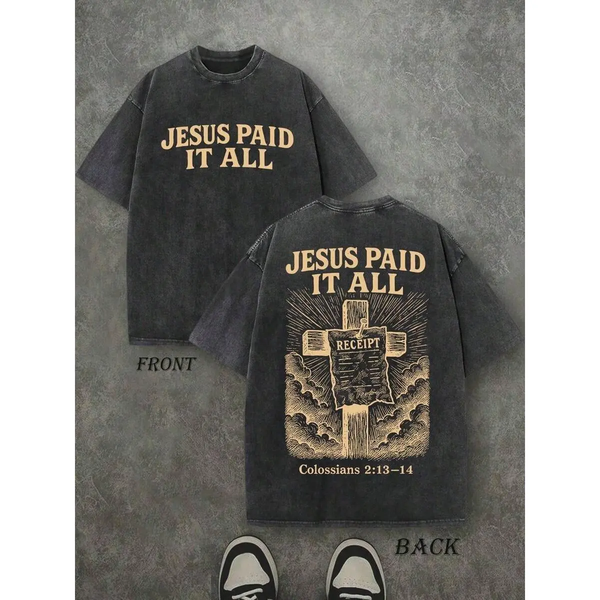 Retro Washed T-Shirt Double Sided Printed 'JESUS PAID IT ALL' Letter And Cross Pattern Print, Christian Gift, Men's T-Shirt, Men's Casual, Comfortable, Fashionable T-Shirt, Street Style Cotton Unisex ST Patrick' S Day Plus Size Top